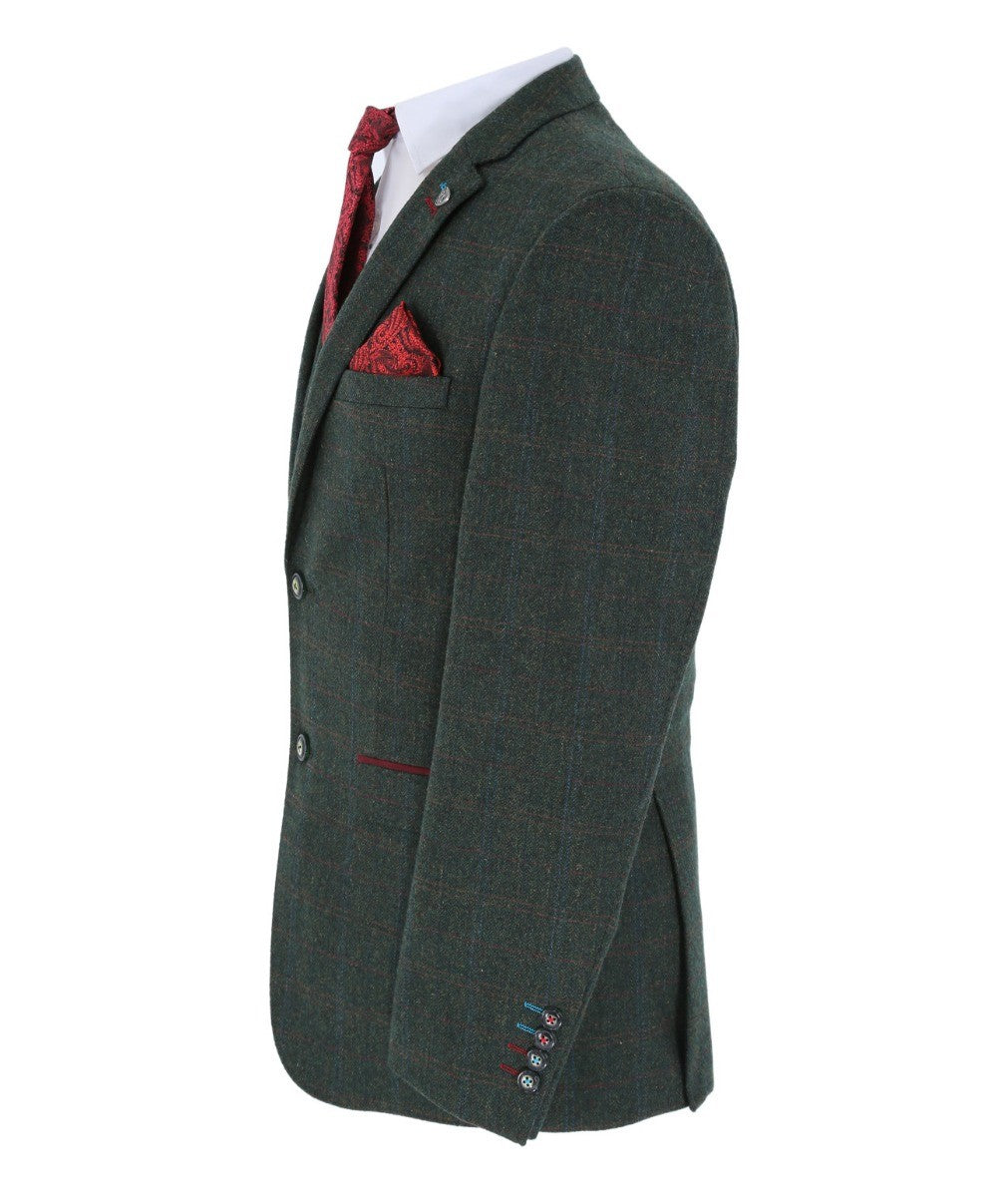 Men's Tweed Check Tailored Fit Suit Jacket - JOSHUA - Green
