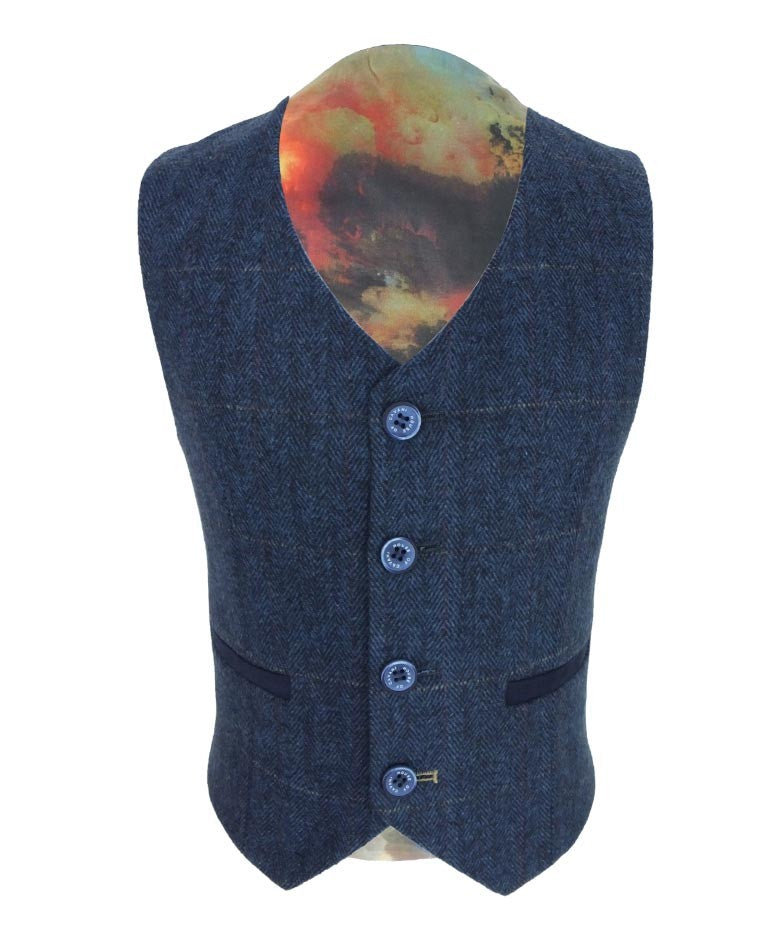 Boys Slim Fit Wool Blend Herringbone Tweed Blue Suit - CARNEGI - Navy Blue