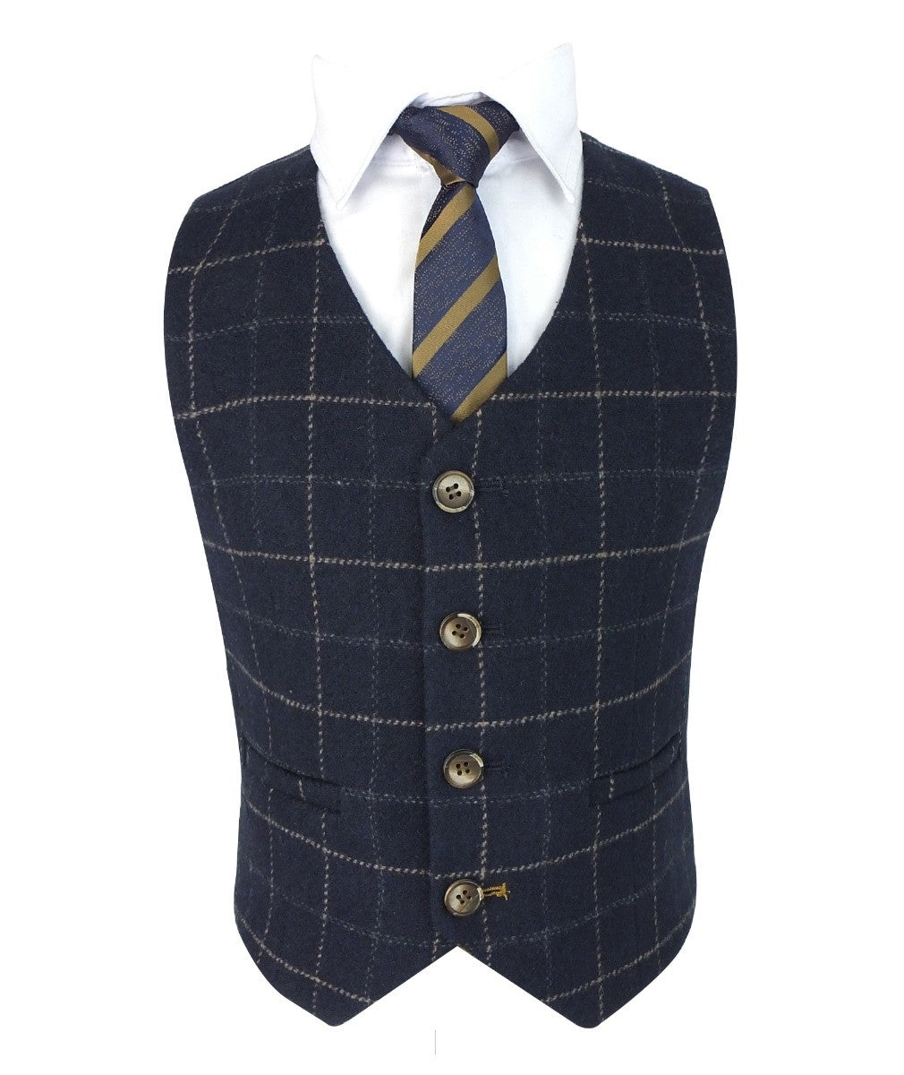 Jungen Tweed Windowpane Karo Slim Fit Anzug - SHELBY - Marineblau