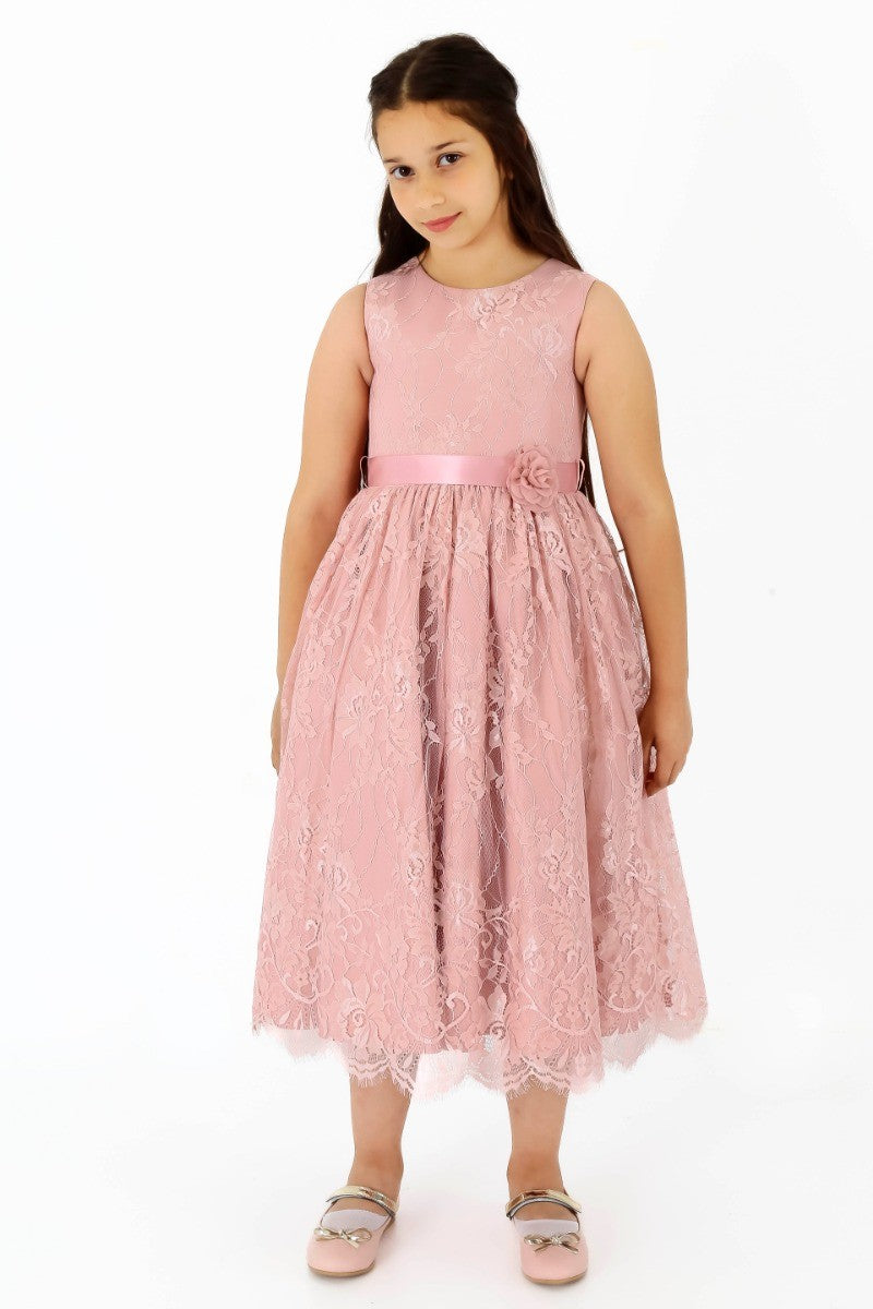 Robe sans Manches Brodée de Dentelle pour Filles - Rose Poudré