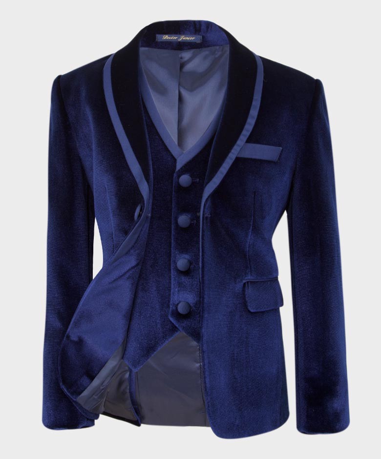Costume de Smoking en Velours à Revers Brillant pour Garçons - Bleu Marine