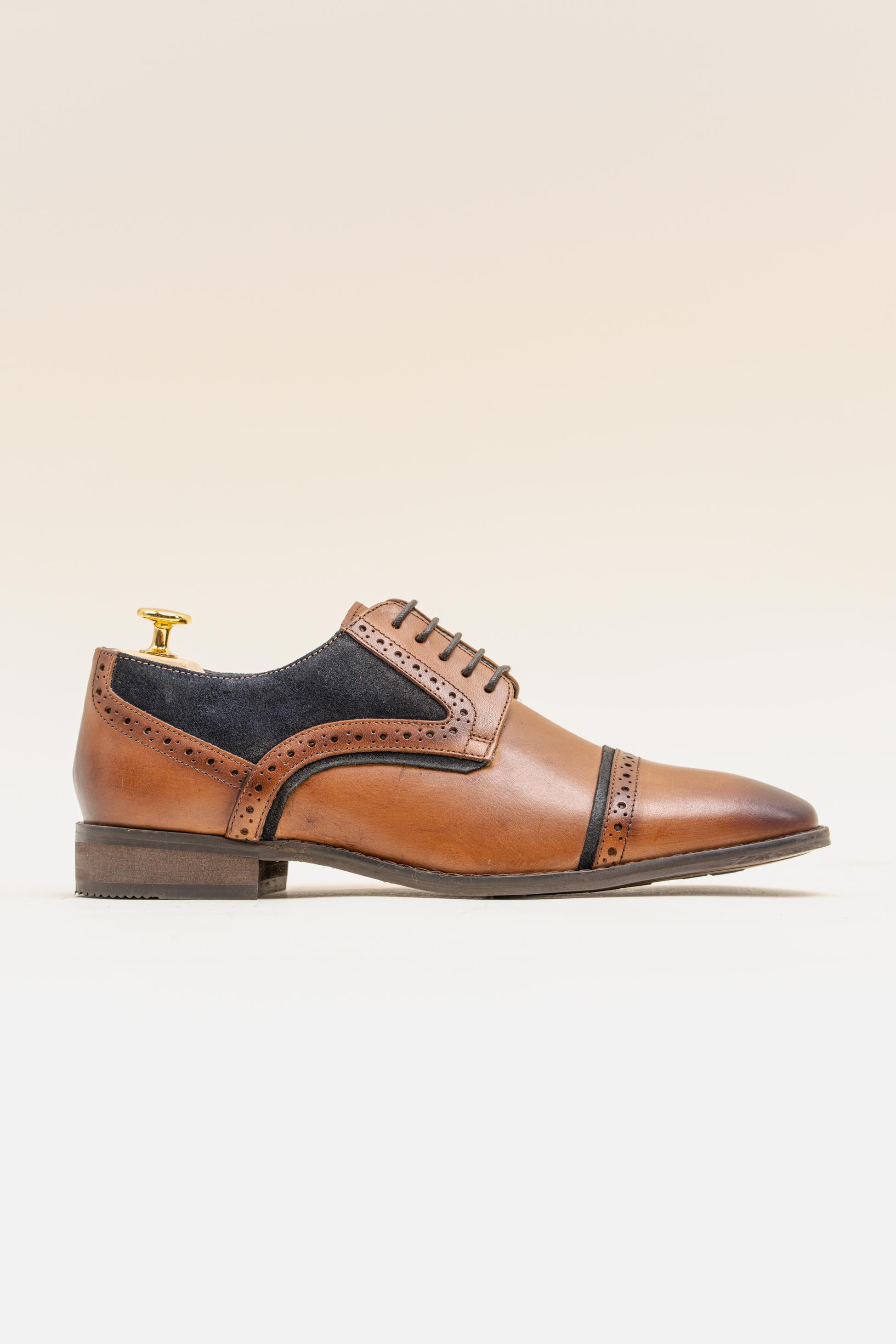 Herren Echtleder & Tweed Brogue Schuhe - FARO - Hellbraun - Marineblau