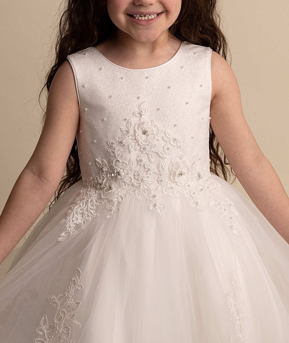 Mädchen Elfenbein Florales Besticktes Tüll Kleid - RAQUEL - Elfenbein