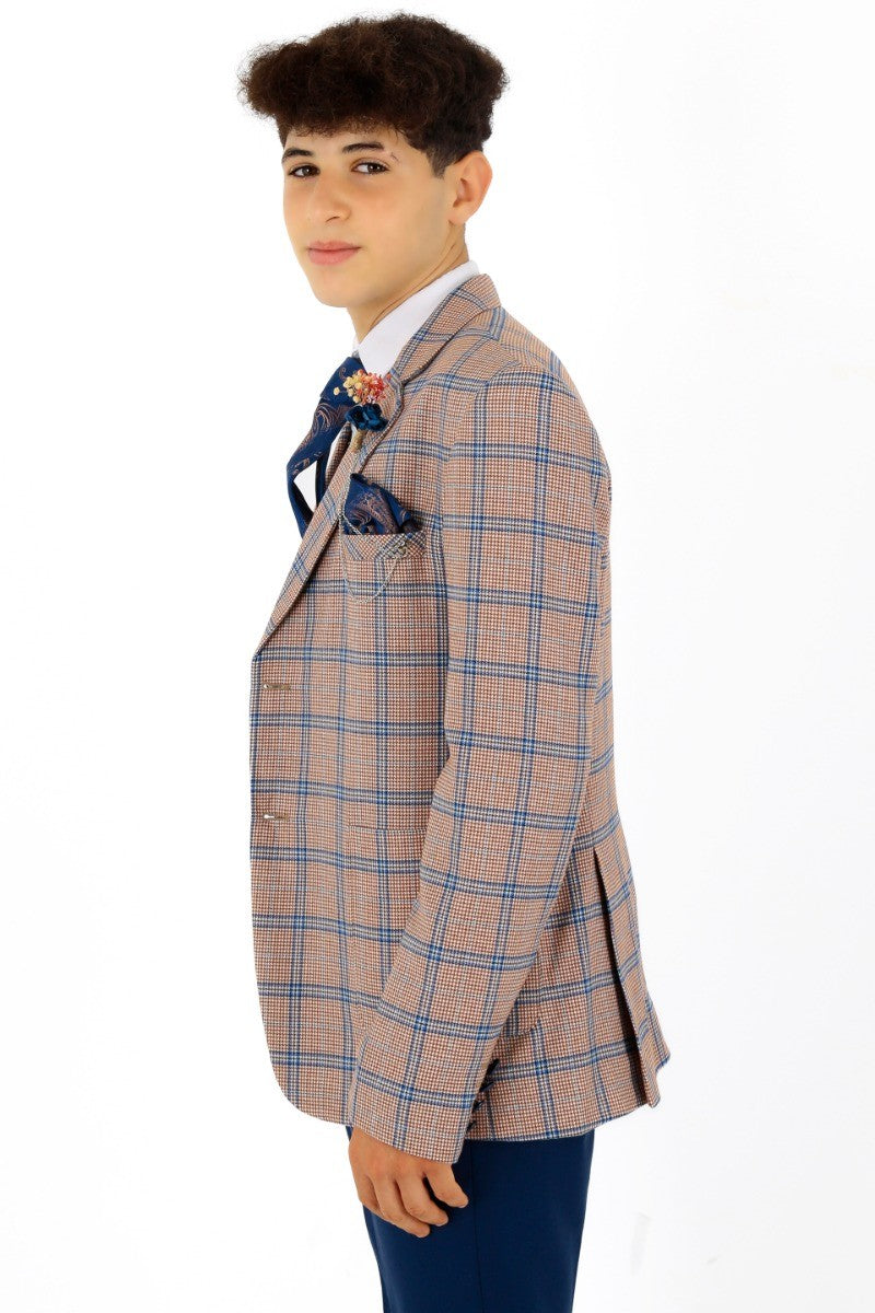 Boys Windowpane Check Slim Fit Suit - Peach - Navy Blue