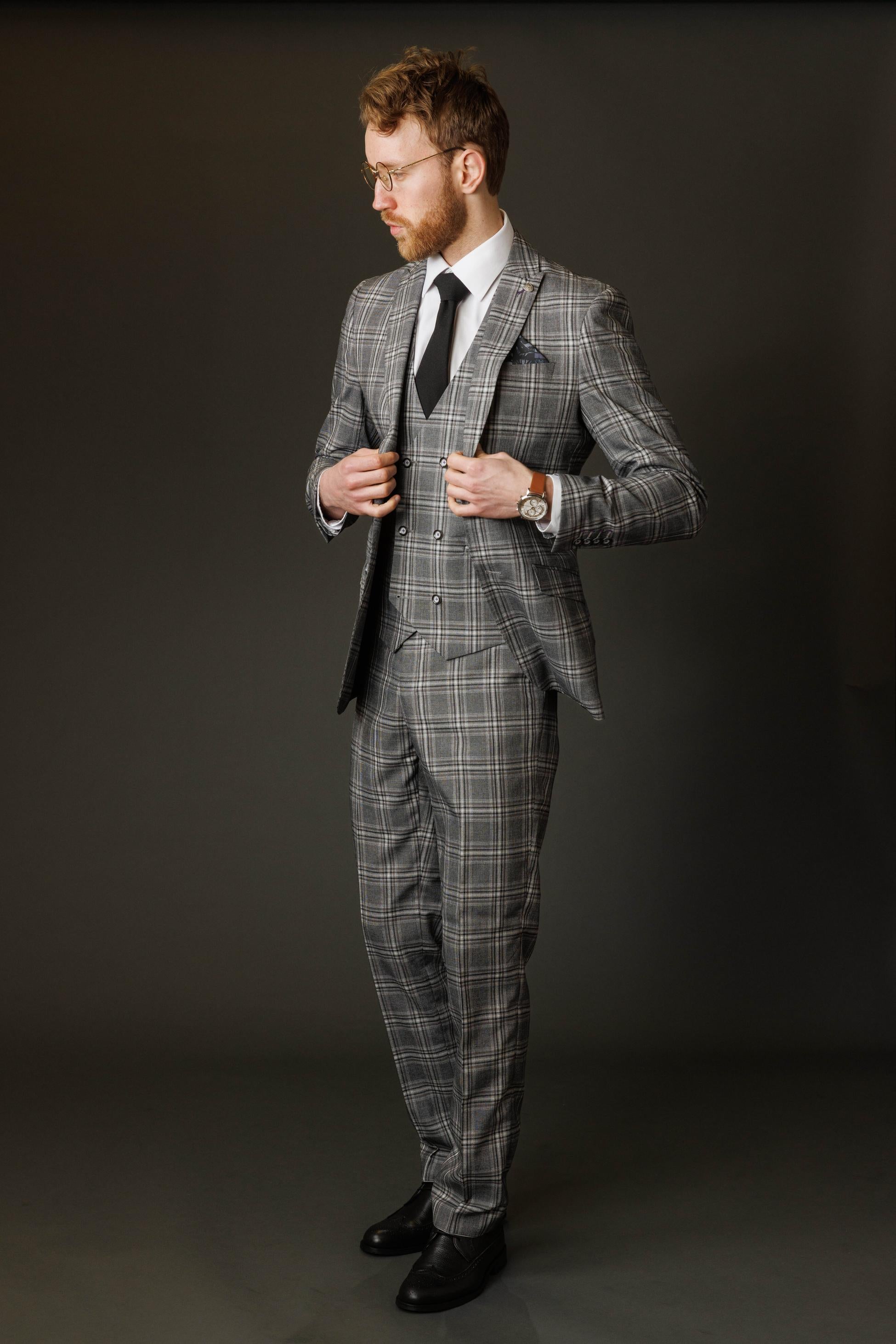 Costume à Carreaux Windowpane Slim Fit pour Hommes - BLAKE - Gris