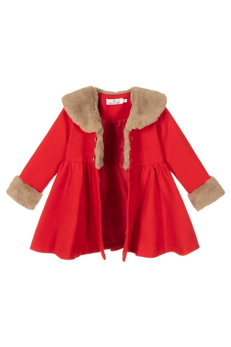 Ensemble Manteau Midi en Fourrure 2 Pièces pour Filles - Rouge