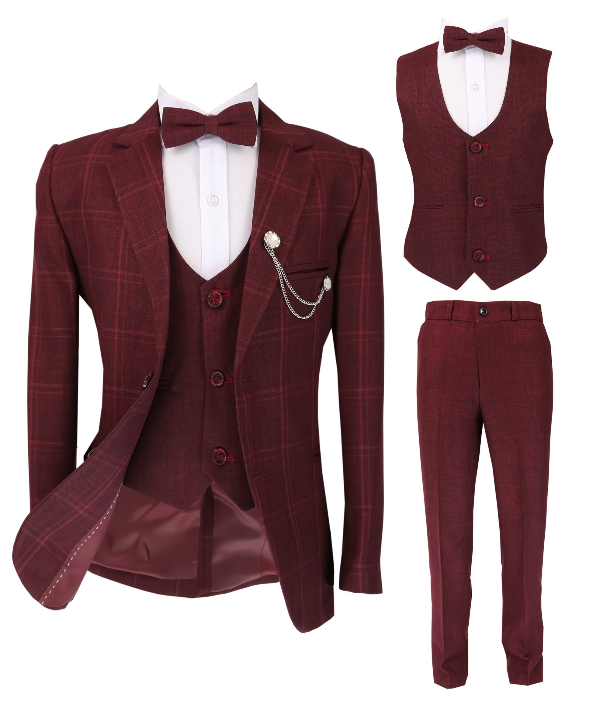 Ensemble Costume à Carreaux Windowpane Bordeaux Slim Fit pour Garçons - Bordeaux