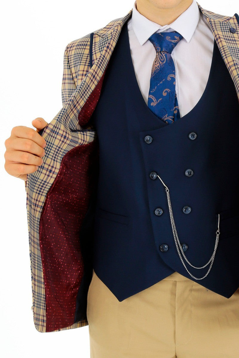 Jungen Karo Schlank geschnittener Anzug - Beige - Navyblau