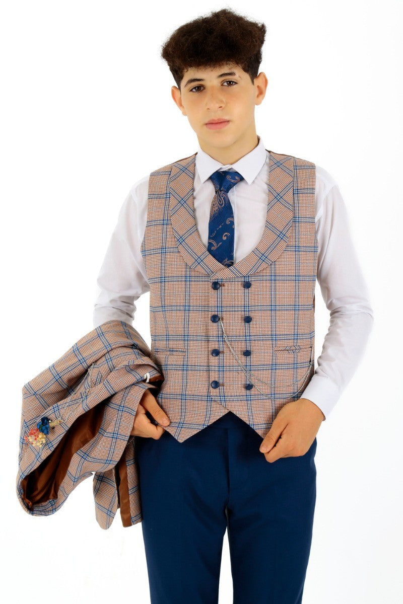 Boys Windowpane Check Slim Fit Suit - Peach - Navy Blue