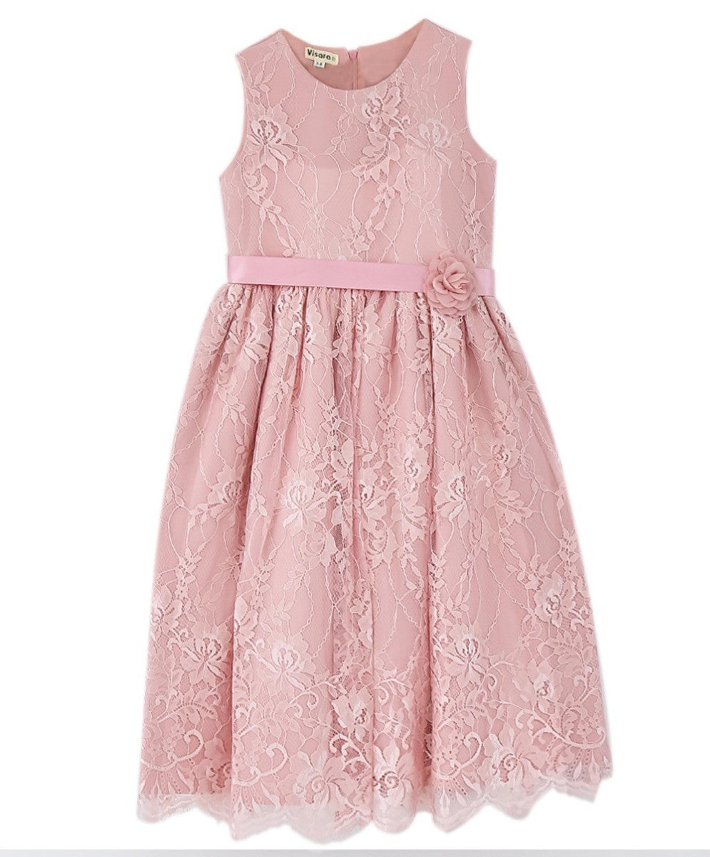 Robe sans Manches Brodée de Dentelle pour Filles - Rose Poudré