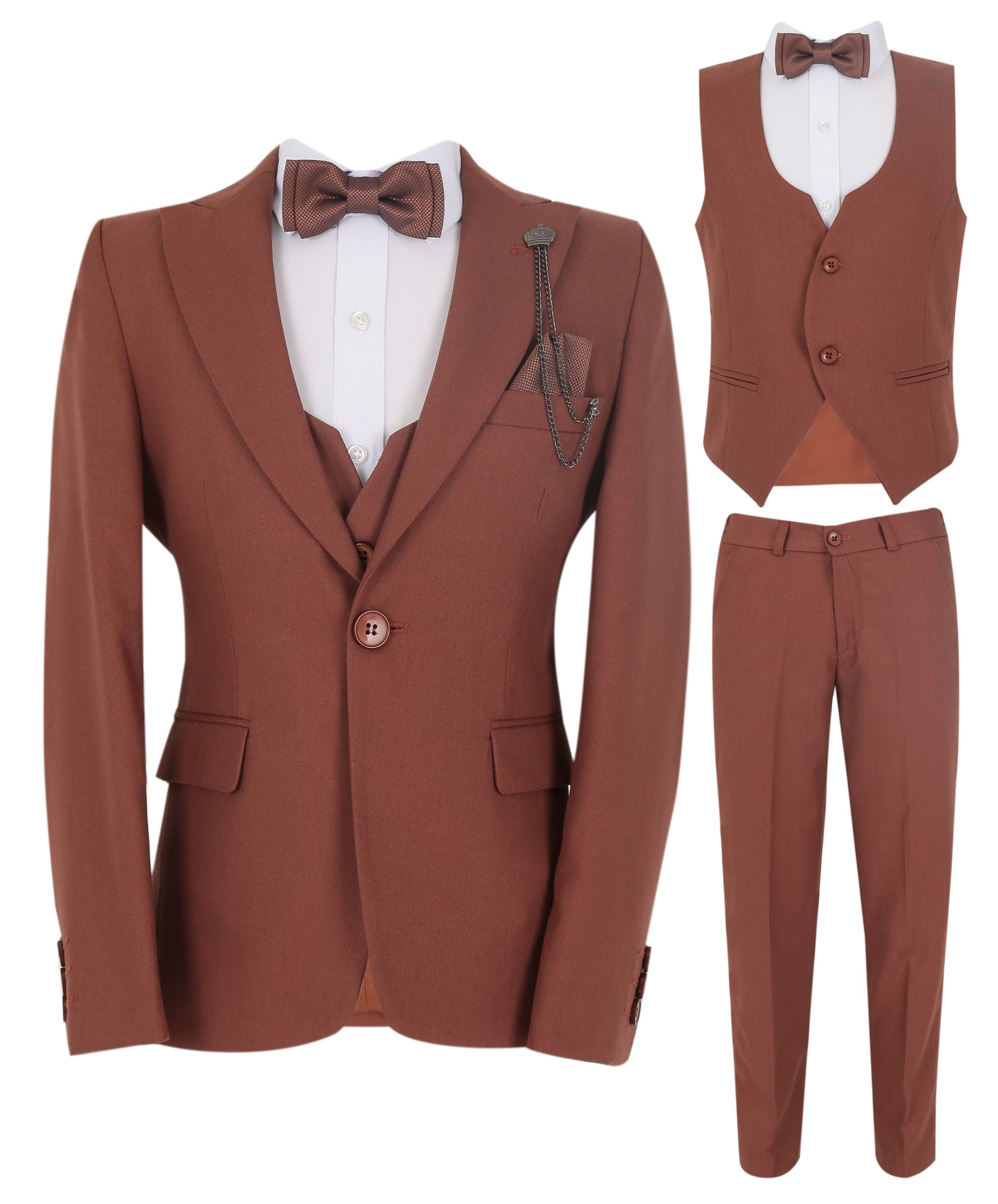Boys Slim Fit Herringbone 8 Piece Suit Set - KING - Cinnamon Brown