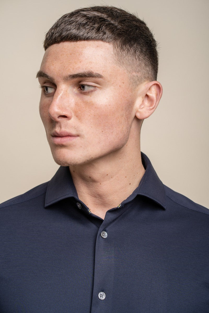 Chemise en coton ajustée à manches longues pour hommes - ASHLEY - Bleu Marine