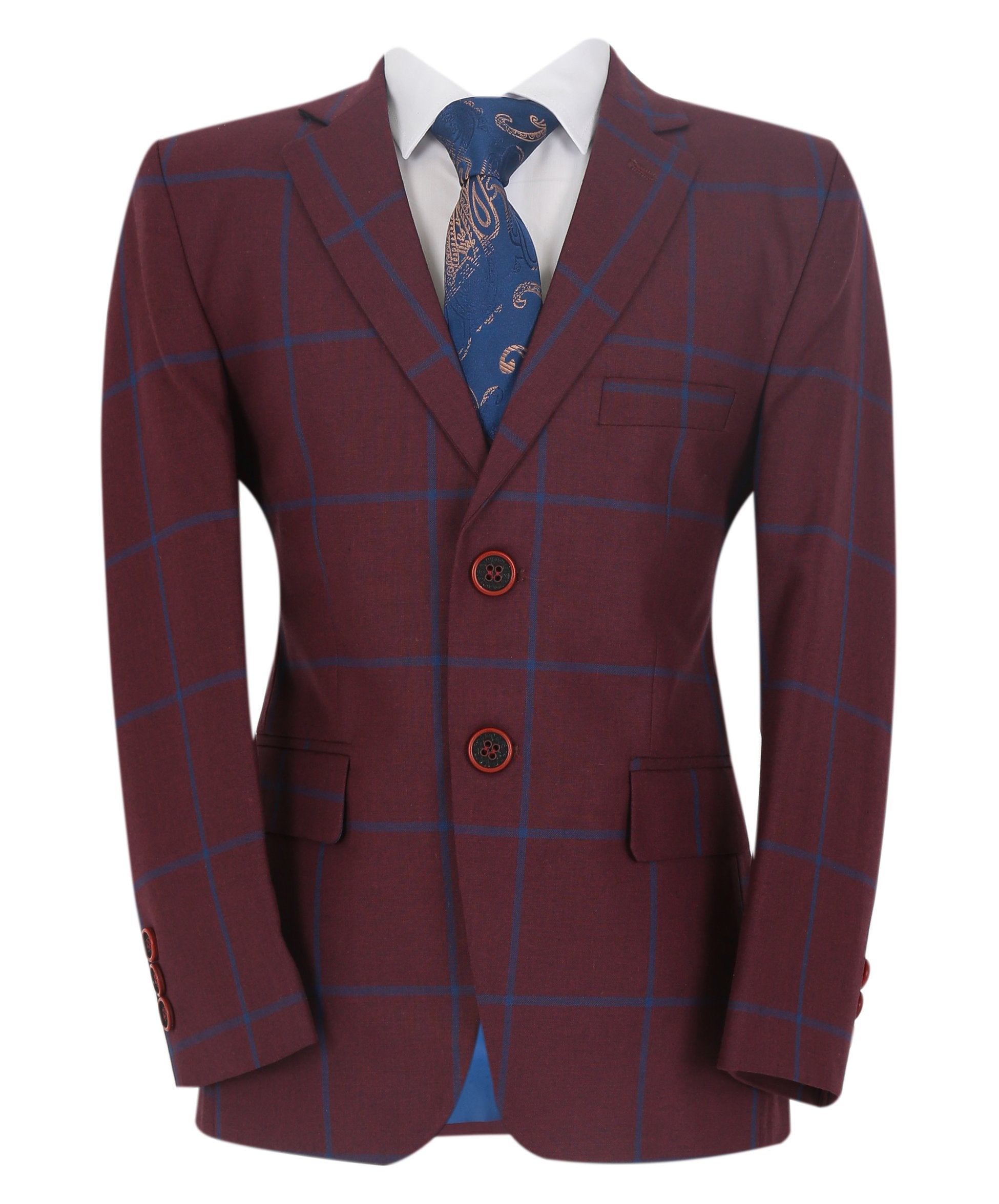 Costume à Carreaux Windowpane Tailored Fit pour Garçons - DOMINIC - Bordeaux - Bleu