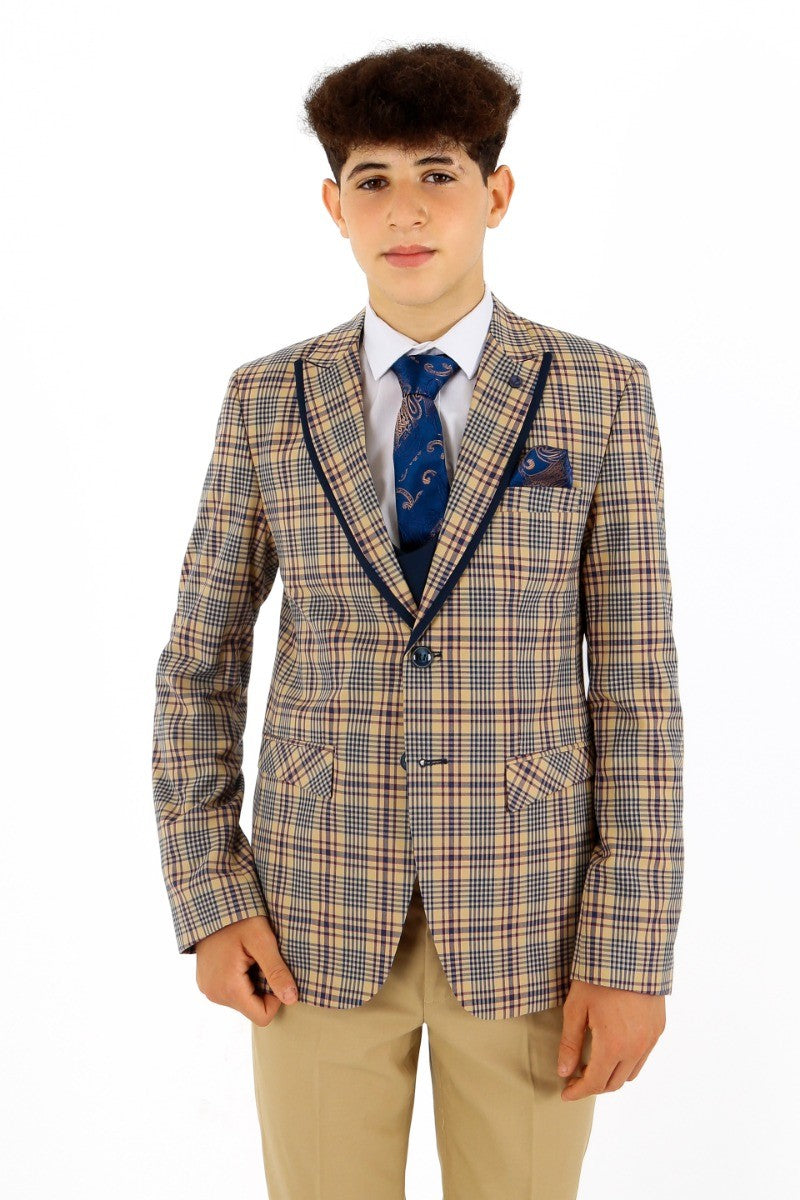 Jungen Karo Schlank geschnittener Anzug - Beige - Navyblau