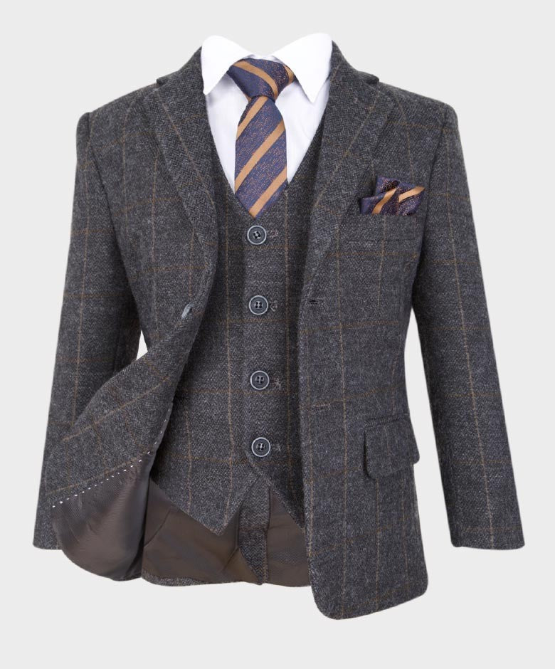 Costume à Carreaux Windowpane Tailored Fit pour Garçons - Gris Foncé