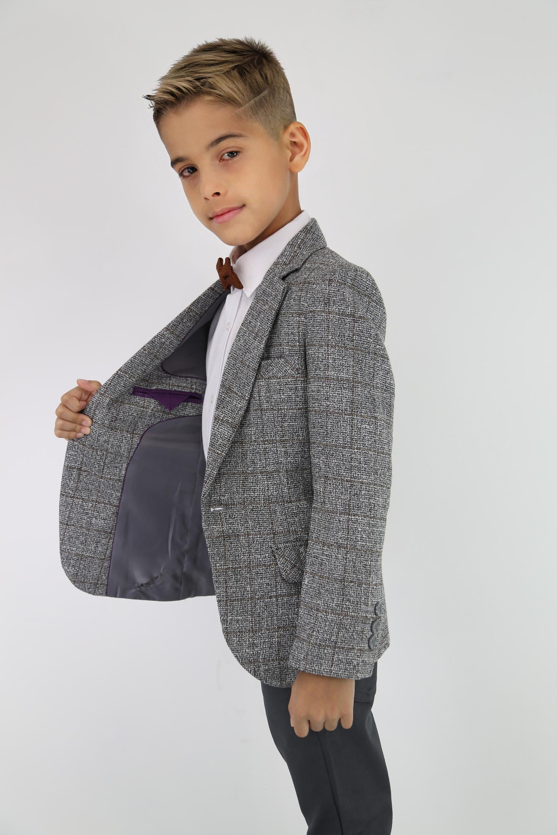 Jungen Baumwoll-Mischgewebe Tweed-ähnlicher Karo Blazer - Grau