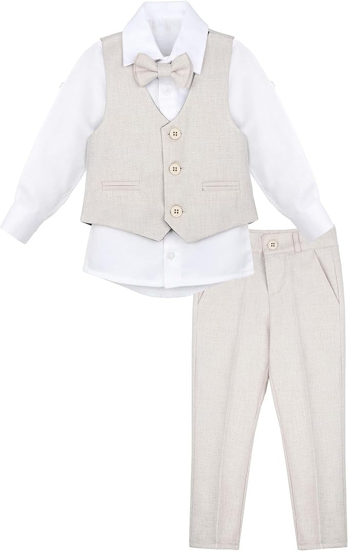 Boys' Slim Fit Textured Waistcoat Suit Set, Formal Outfit - Beige
