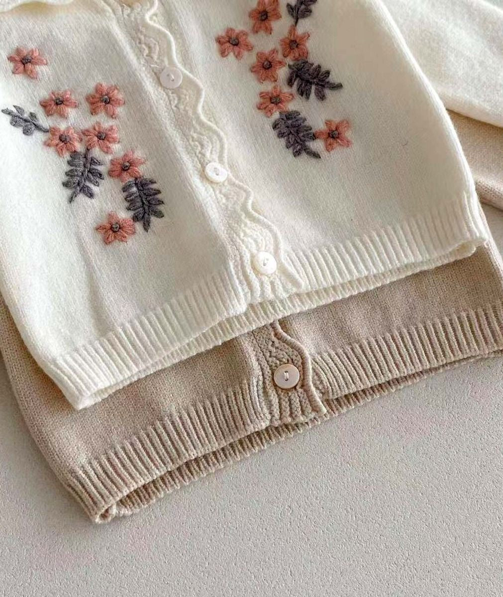 Ensemble de combinaison en tricot avec bretelles et cardigan brodé pour bébés filles - 2421 - Ivoire
