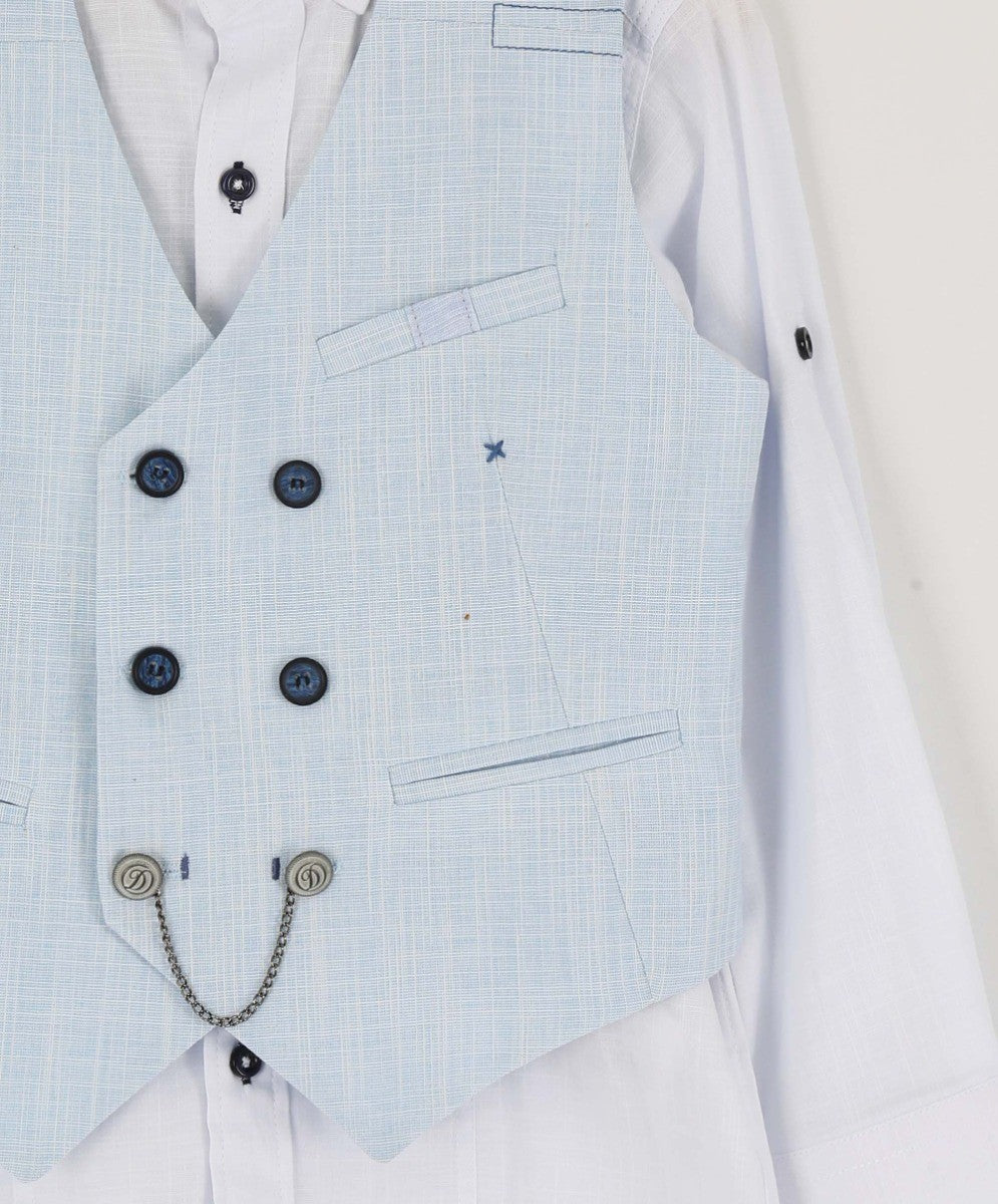 Jungen Selbstgemustertes Doppelreihiges Leinen-Waistcoat Anzug-Set - Hellblau