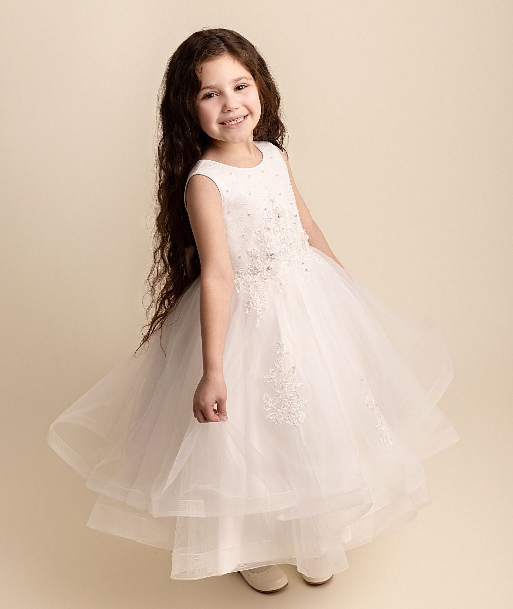 Mädchen Elfenbein Florales Besticktes Tüll Kleid - RAQUEL - Elfenbein
