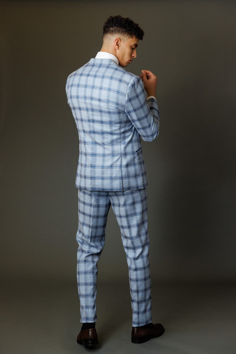 Men's Slim Fit Windowpane Check Blue Suit - BLAKE - Pale Blue