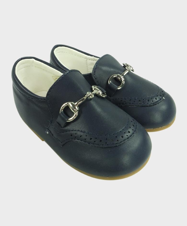 Jungen Leder Moccasin Loafers mit Silberner Pferdebitte - Navyblau