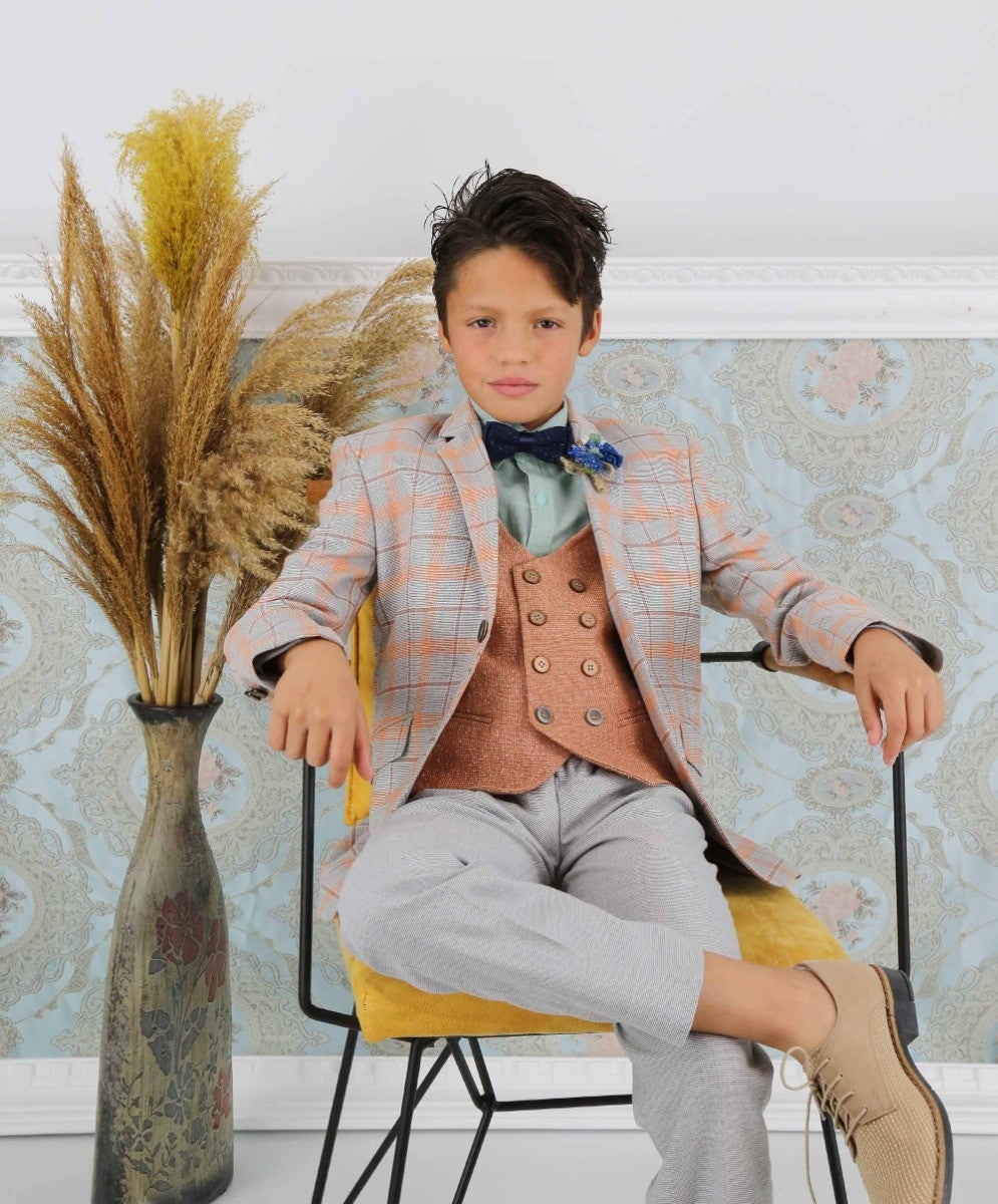 Ensemble Costume à Carreaux Windowpane Slim Fit pour Garçons - Gris