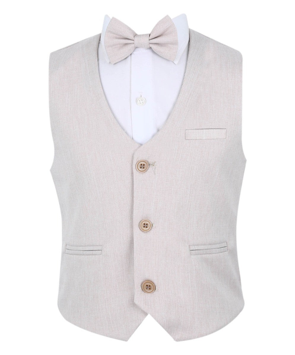Baby Boys Cotton Linen Waistcoat Suit Set 3 Piece - Light Beige