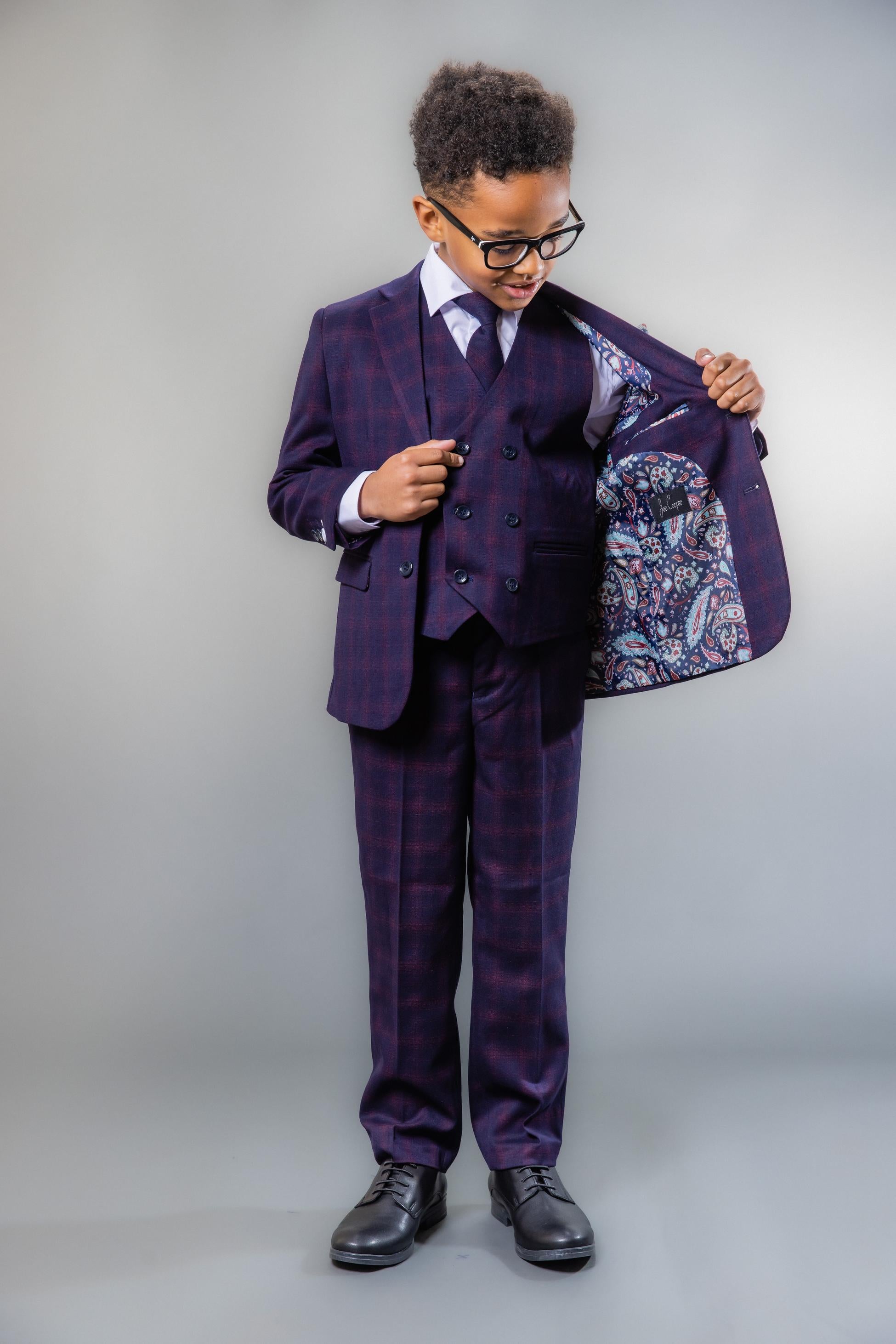Costume à Carreaux Rétro Tailored Fit Bleu Marine pour Garçons - Bleu Marine et Bordeaux