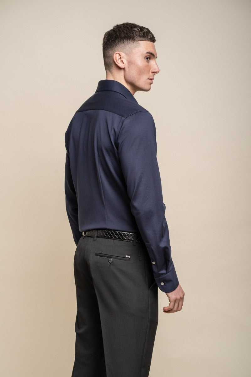 Chemise en coton ajustée à manches longues pour hommes - ASHLEY - Bleu Marine