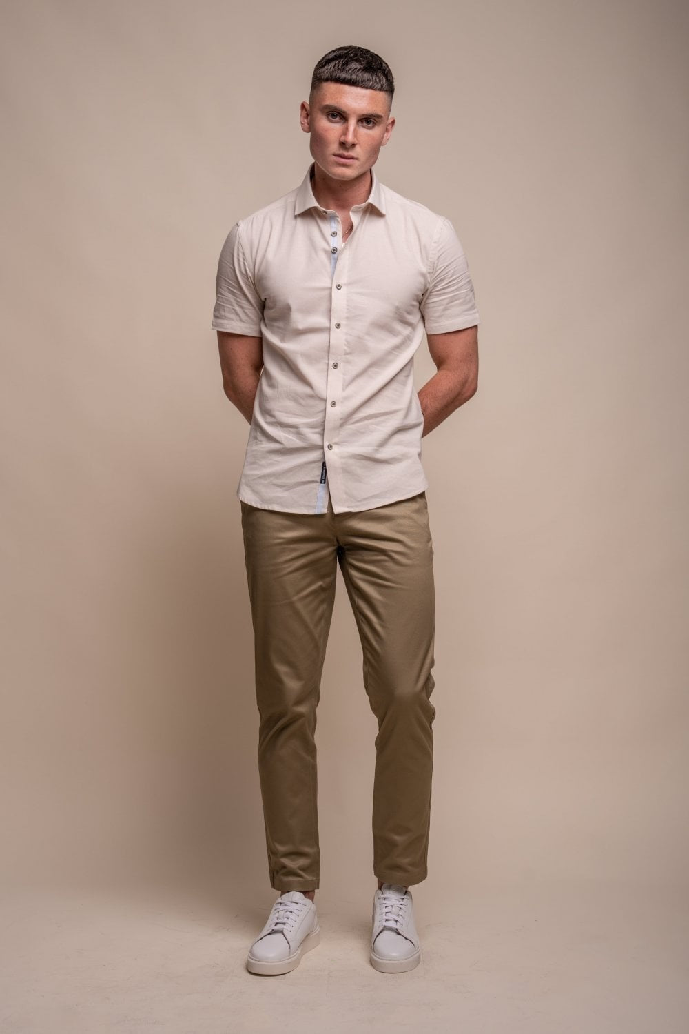 Chemise à Manches Courtes en Lin Mélangé Slim Fit pour Hommes - FUEGO - Beige