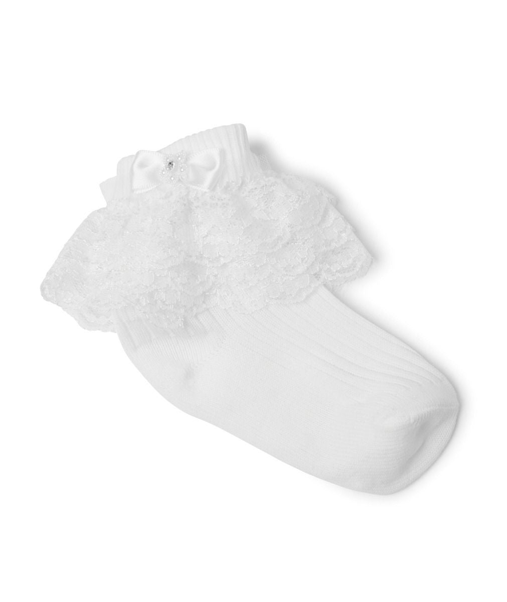Mädchensocken mit Spitzenrüschen und Satinschleife - ROXANNE - Weiß
