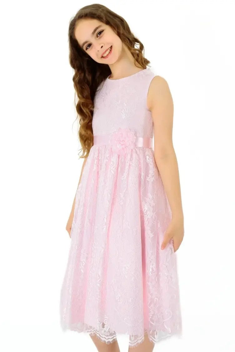 Robe sans Manches Brodée de Dentelle pour Filles - Rose Clair