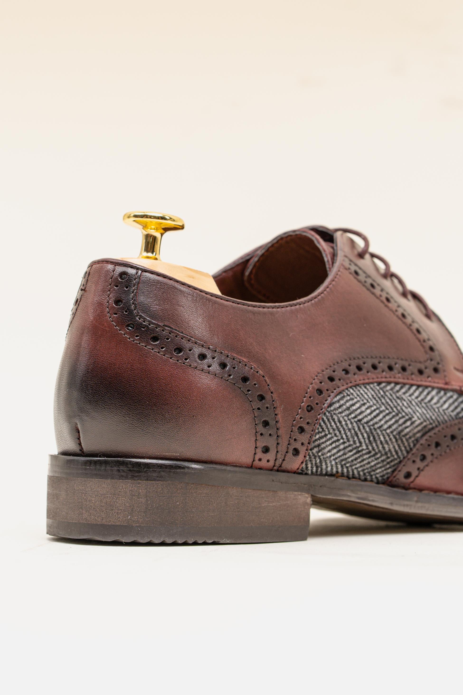 Herren Echtleder & Tweed Brogue Schuhe - FARO - Burgunder