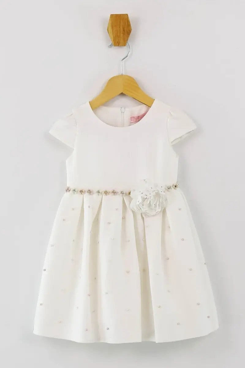 Ensemble de Robe de Communion à Manches Courtes et Perles pour Filles - Ecru