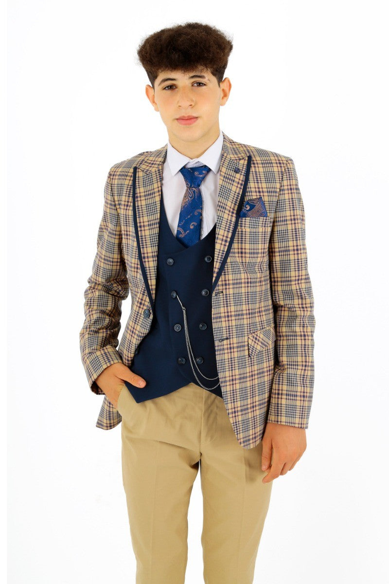 Jungen Karo Schlank geschnittener Anzug - Beige - Navyblau