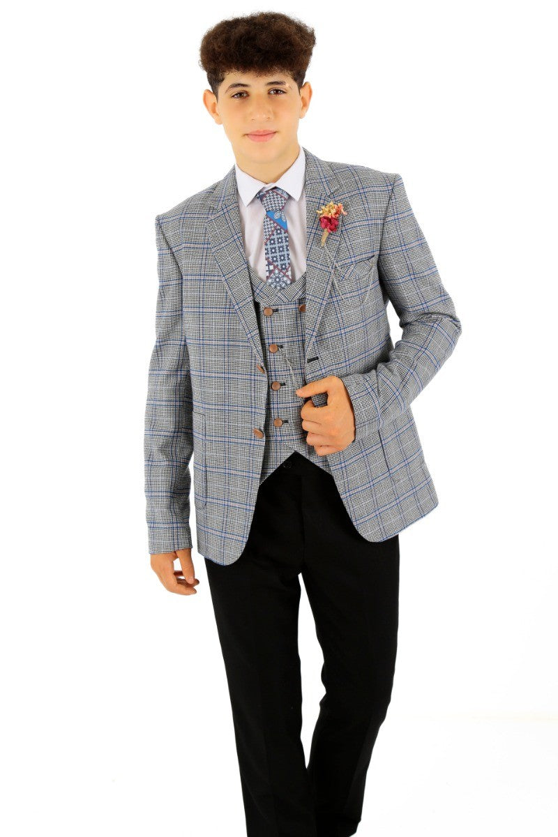 Costume à Carreaux Windowpane Slim Fit pour Garçons - Bleu - Noir