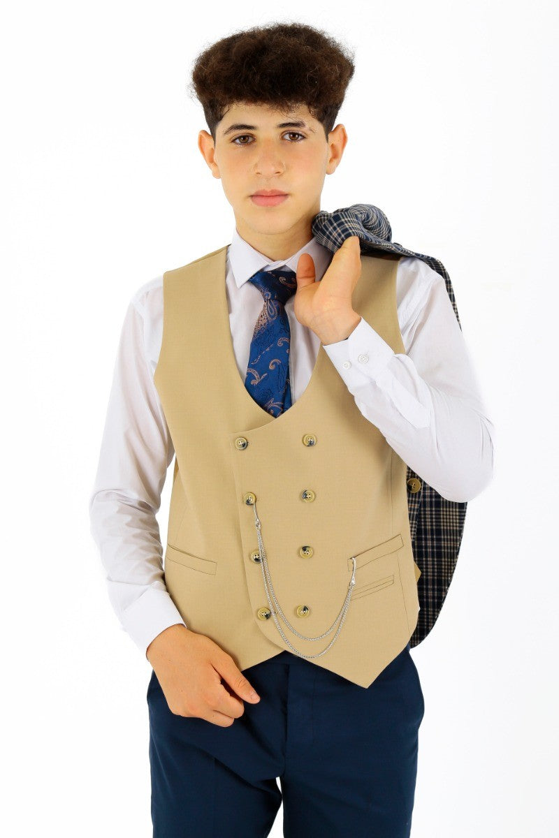 Jungen Karo Schlank geschnittener Anzug - Navyblau - Beige
