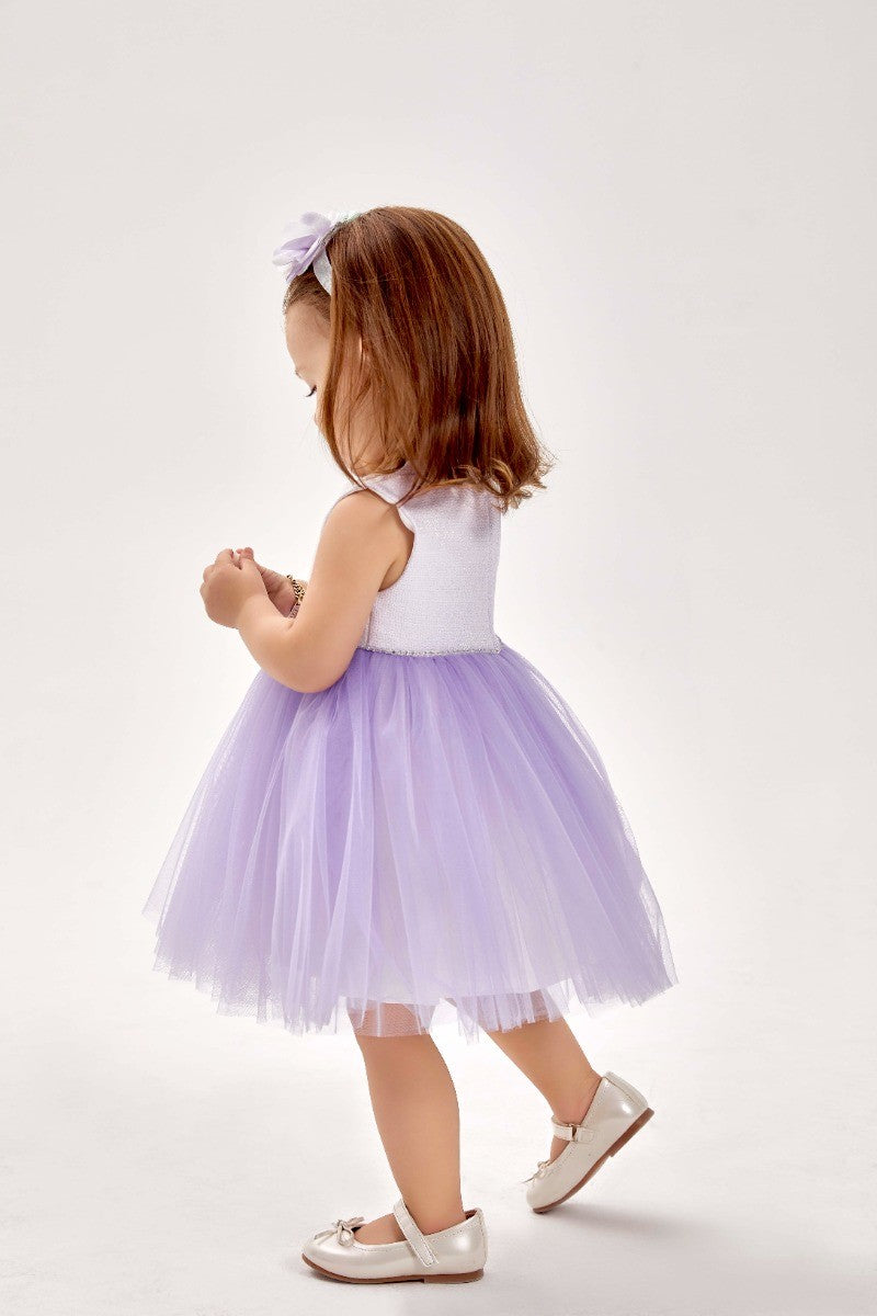 Ensemble Robe Midi Tulle Tutu Tricotée et Manteau pour Fillettes - Ivoire - Violet