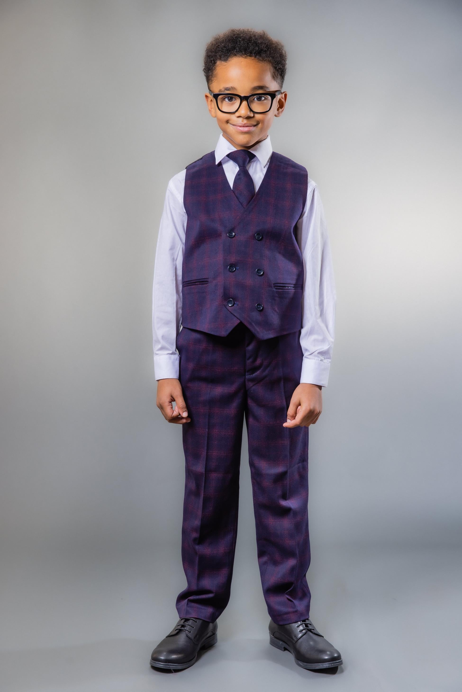 Costume à Carreaux Rétro Tailored Fit Bleu Marine pour Garçons - Bleu Marine et Bordeaux