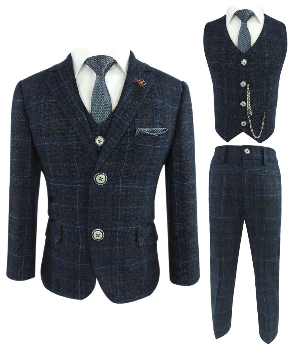 Jungen Tweed Windowpane Karo Anzug - CODY Blue - Marineblau