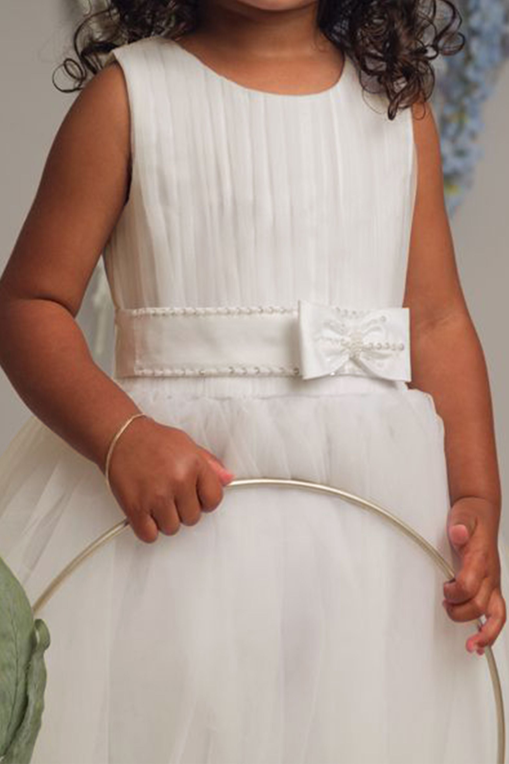 Girls Pleated Bodice Communion Dress with Bow - CINDY - Ivory