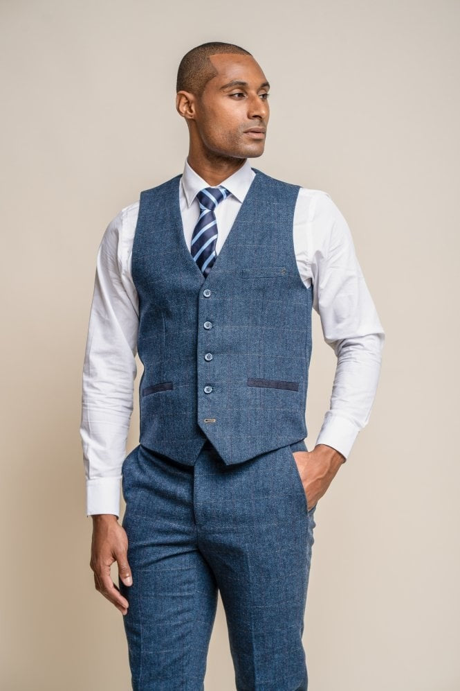 Herren Slim Fit Fischgrät Tweed Blauer Anzug - CARNEGI - Marineblau