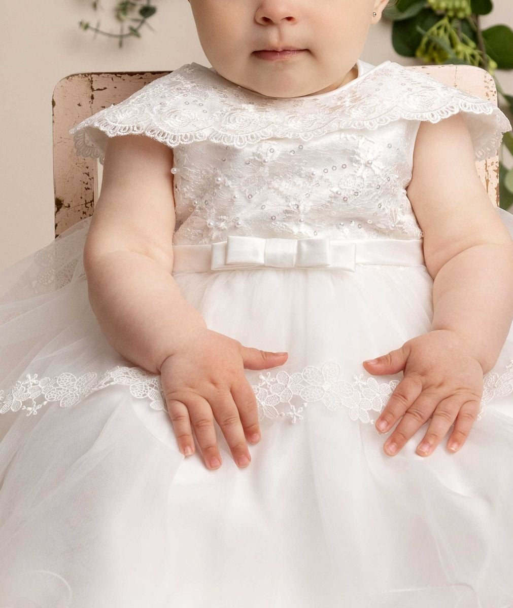 Baby Girls Layered Christening Lace Cape Dress - HAZEL - White