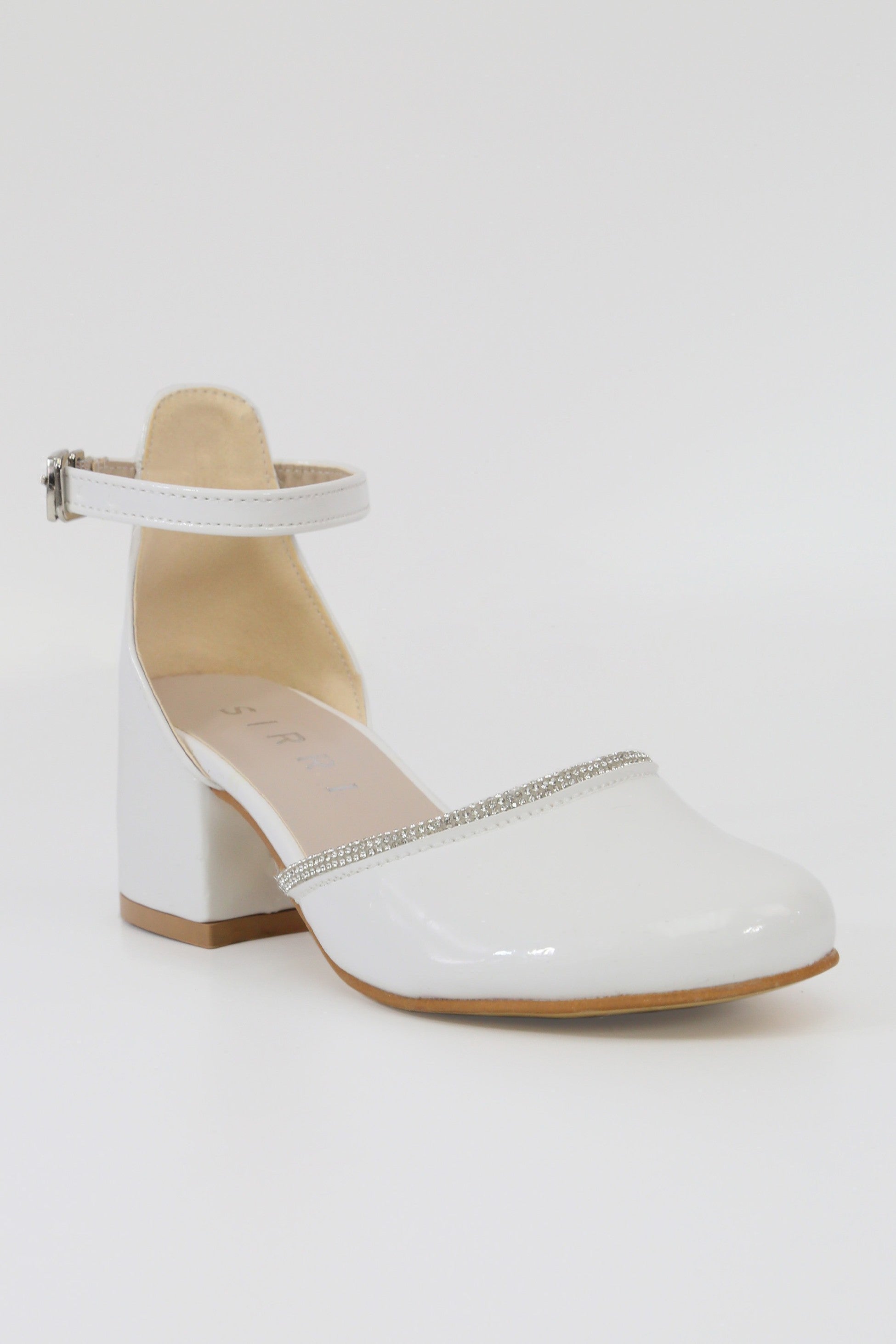 Chaussures à talons blocs vernies blanches avec bord en strass pour filles - CHARM - Blanc