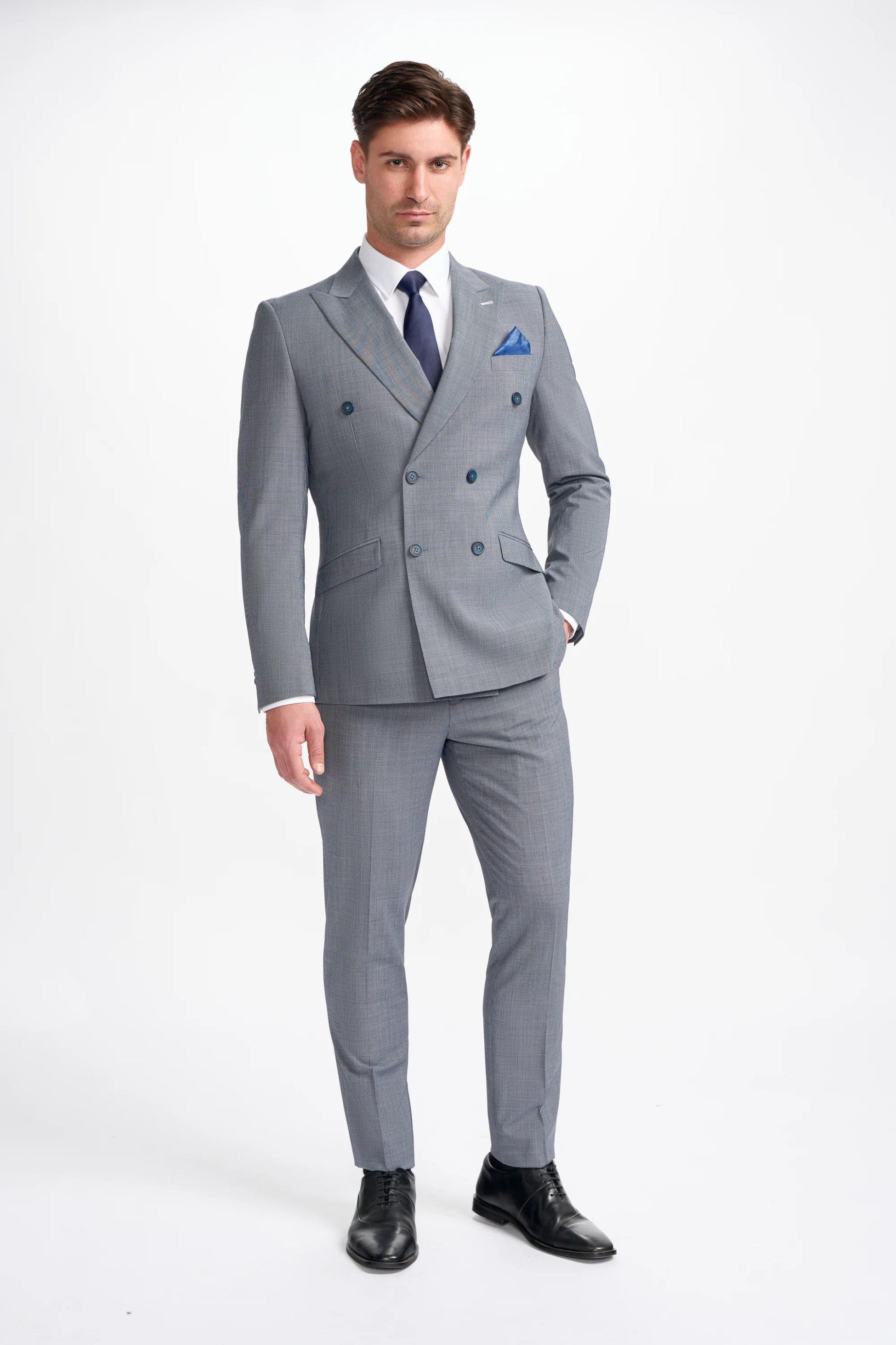Costume en pied-de-poule gris bleu pour hommes - BOND D/B - Bleu Gris