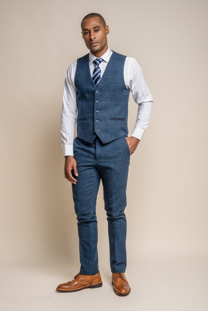 Herren Slim Fit Fischgrät Tweed Blauer Anzug - CARNEGI - Marineblau