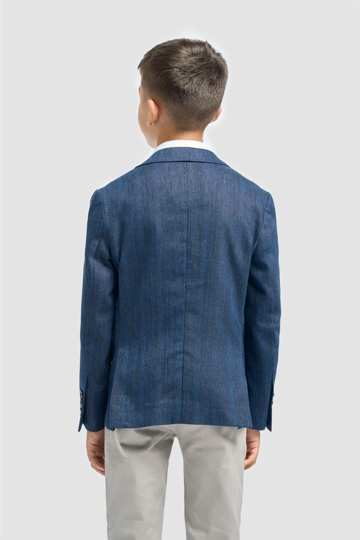 Blazer en lin à poche à rabat en herringbone pour garçons - Luigi - Bleu Marine