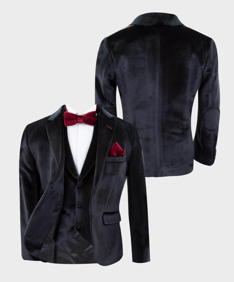 Boys Tailored Fit Velvet Suit with Elbow Patches - Black
