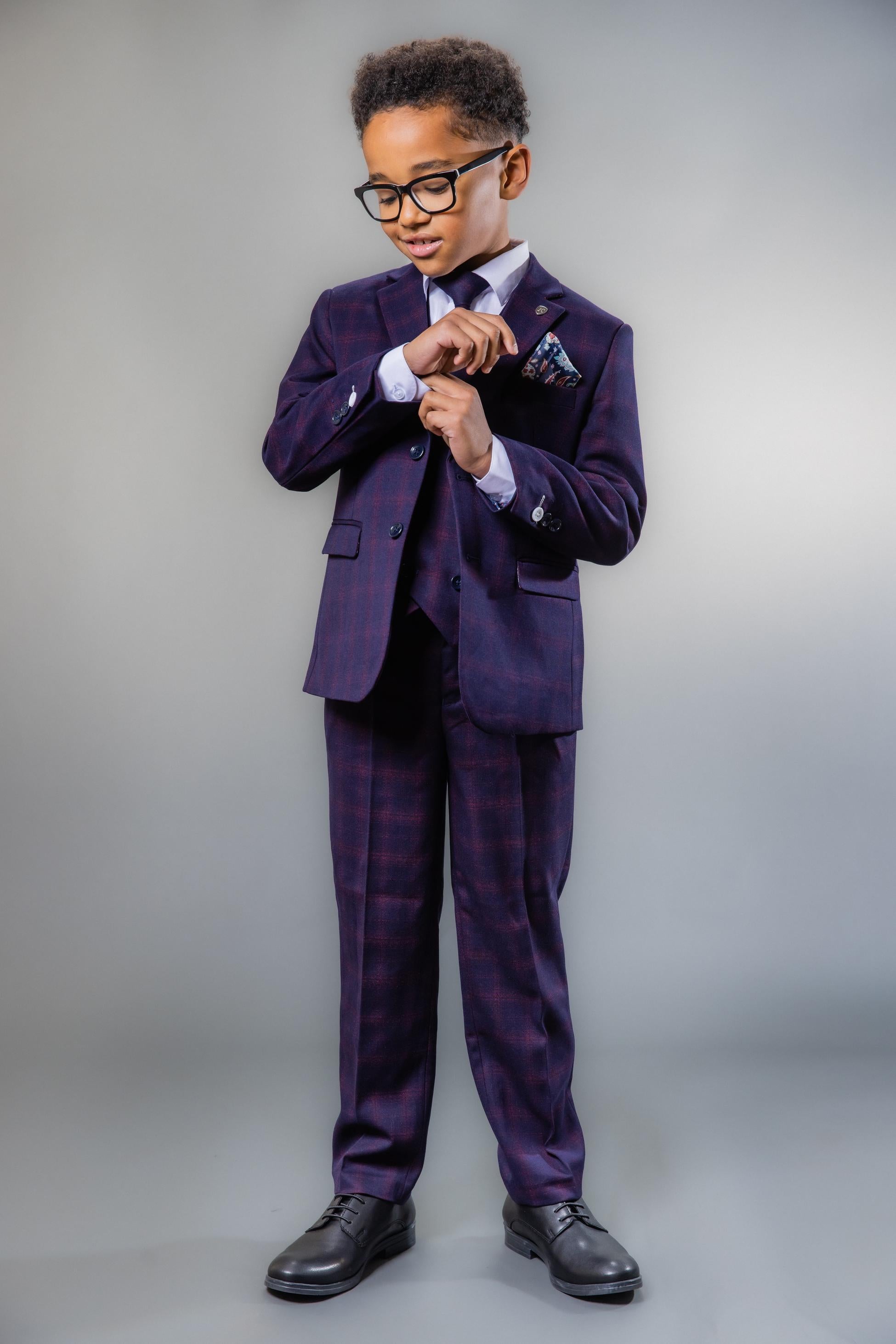 Costume à Carreaux Rétro Tailored Fit Bleu Marine pour Garçons - Bleu Marine et Bordeaux
